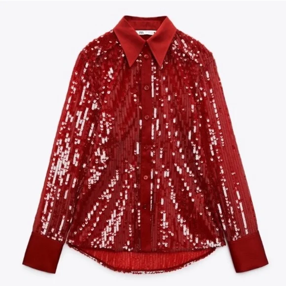 ZARA Red Sequin Long Sleeve Button Down Shirt NWT - Picture 14 of 14